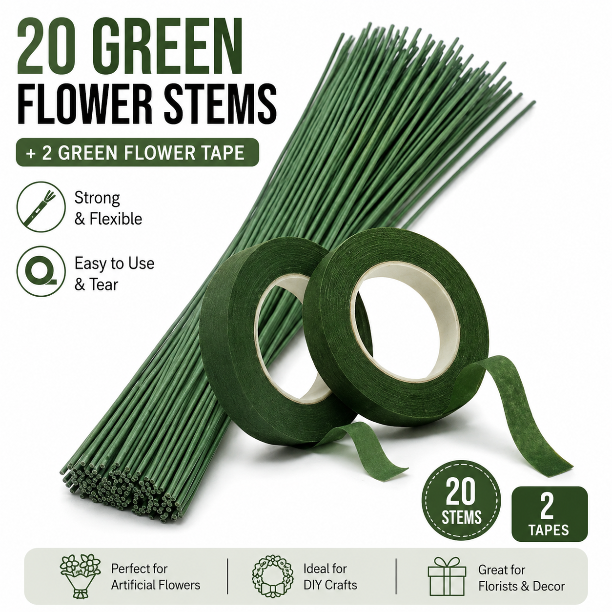 20 Green Floral Stems with 2 Floral Tape Rolls | DIY Flower Making & Bouquet Craft Supplies