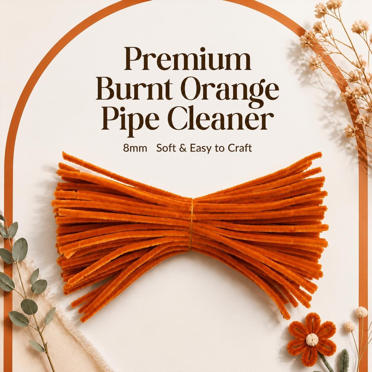 Craftoa Burnt Orange Pipe Cleaners 8mm pack of 100 | Premium Orange Chenille Stems for DIY Crafts, Flower Making & Decorations