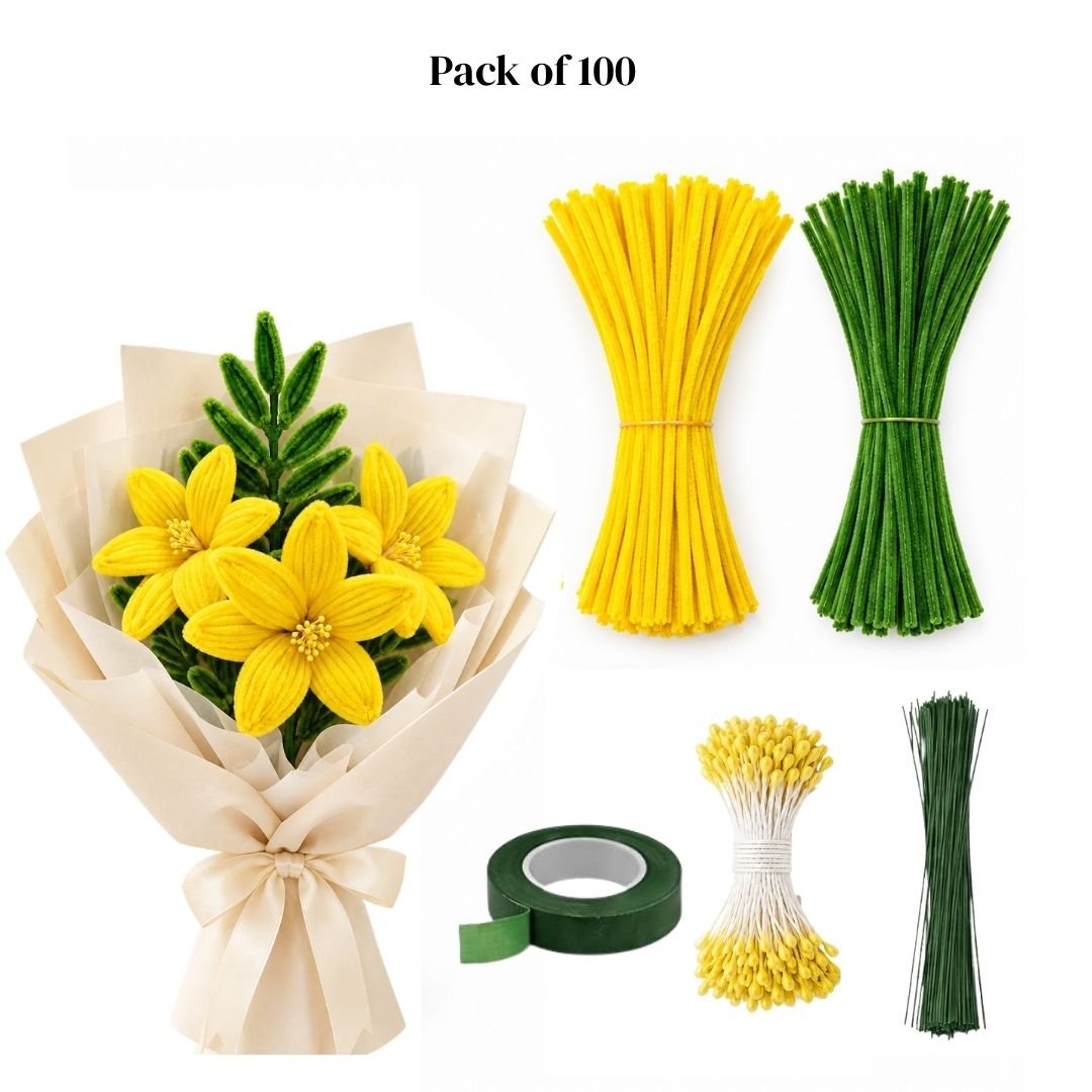 Craftoa DIY Flower Making Kit with Yellow & Green Pipe Cleaners, Floral Sticks, Floral Tape & Pollen Stamens – Complete Craft Flower Making Supplies