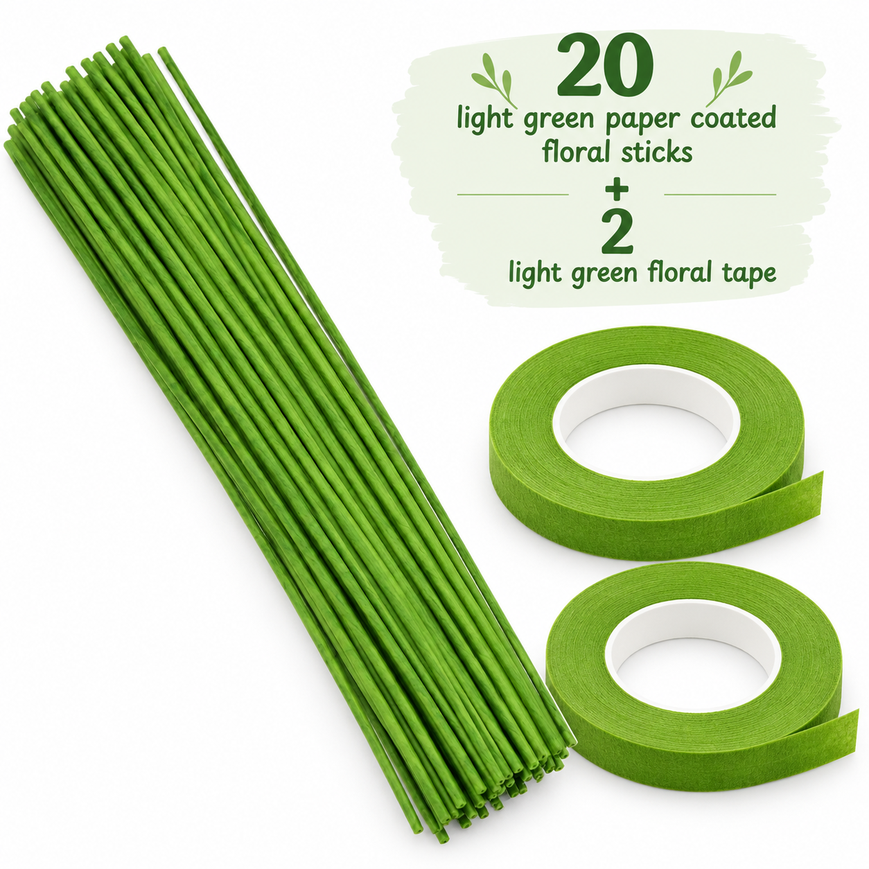 20 Pcs Light Green Floral Sticks with 2 Floral Tape Rolls | DIY Flower Making, Bouquet & Craft Supplies